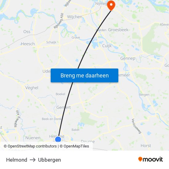 Helmond to Ubbergen map