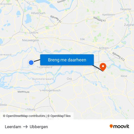 Leerdam to Ubbergen map