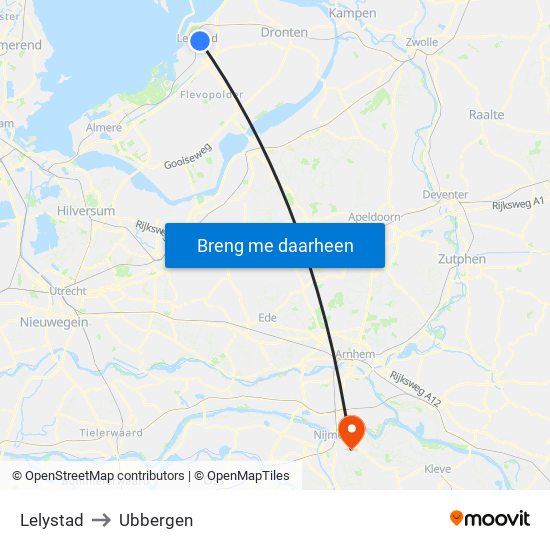 Lelystad to Ubbergen map