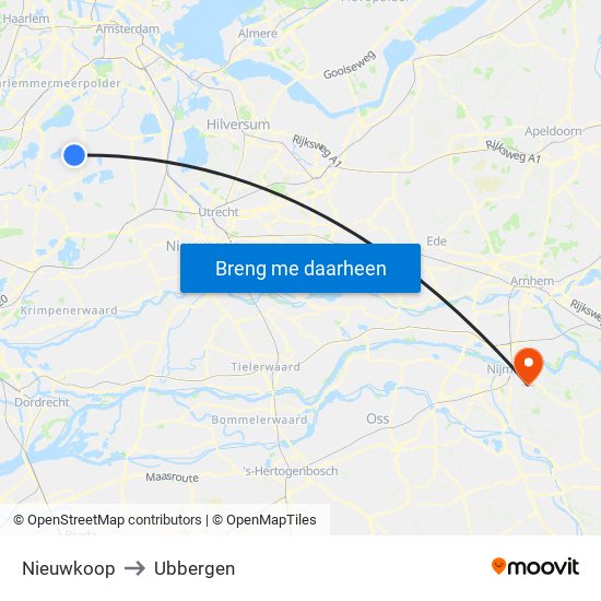Nieuwkoop to Ubbergen map