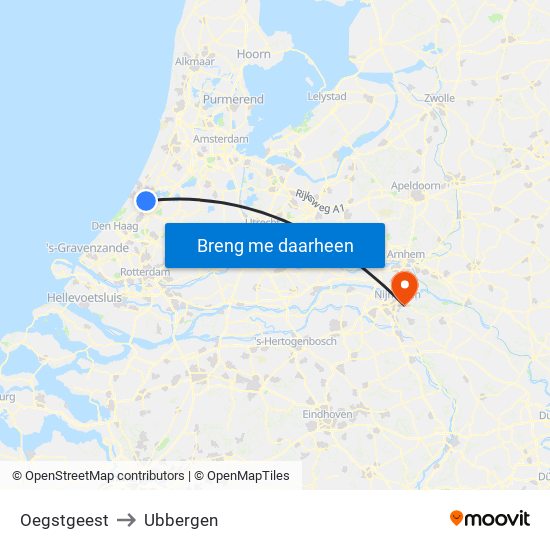 Oegstgeest to Ubbergen map