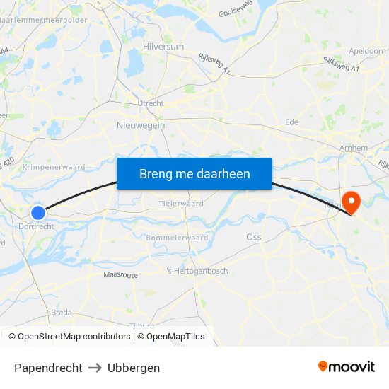 Papendrecht to Ubbergen map