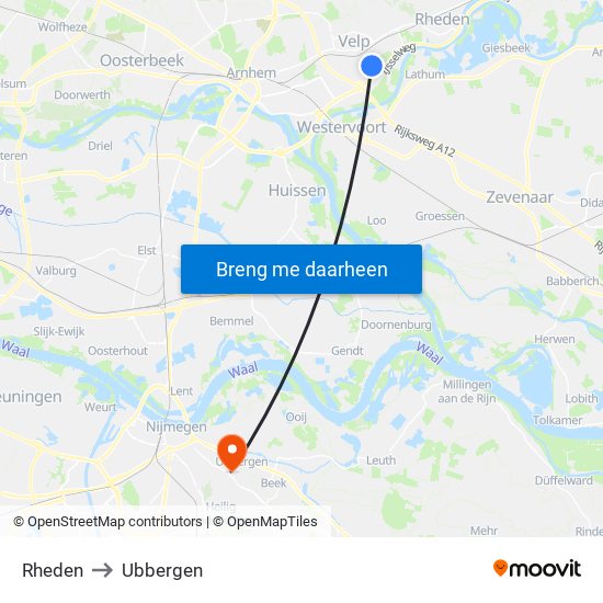 Rheden to Ubbergen map
