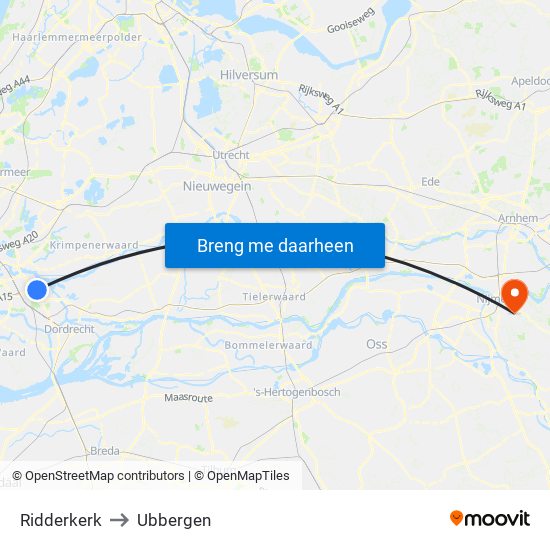 Ridderkerk to Ubbergen map