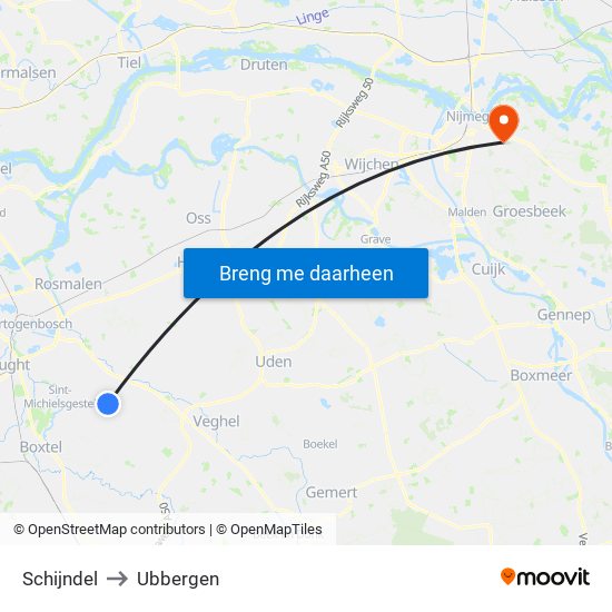 Schijndel to Ubbergen map