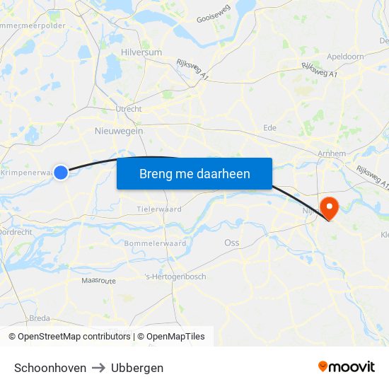 Schoonhoven to Ubbergen map