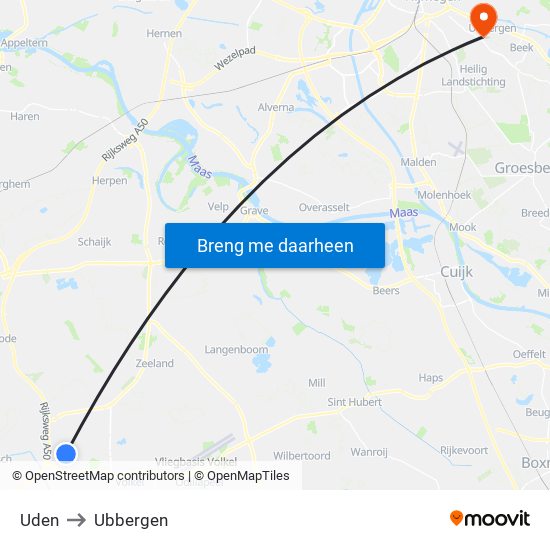 Uden to Ubbergen map
