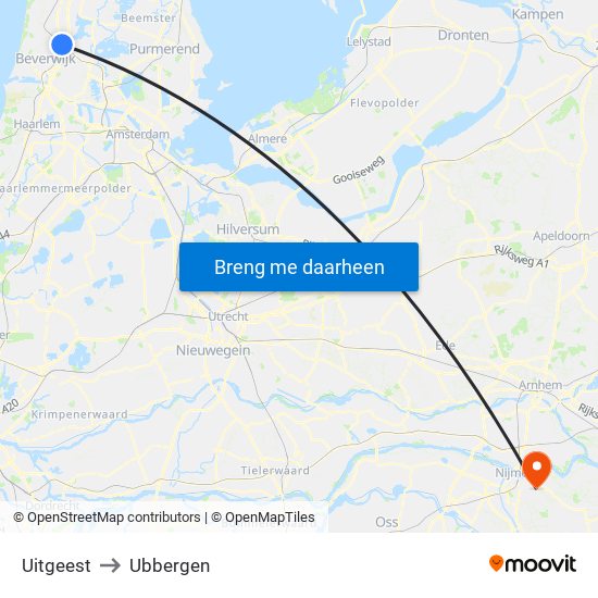 Uitgeest to Ubbergen map