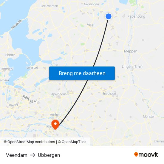 Veendam to Ubbergen map