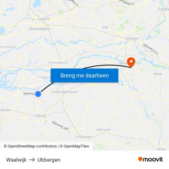 Waalwijk to Ubbergen map