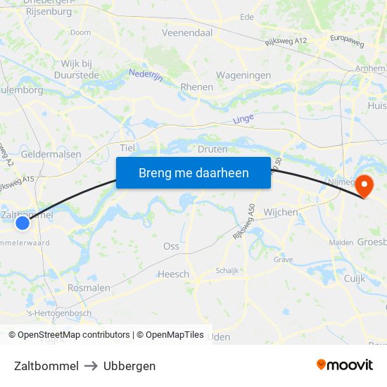 Zaltbommel to Ubbergen map