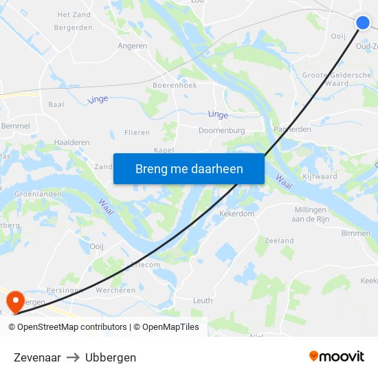 Zevenaar to Ubbergen map