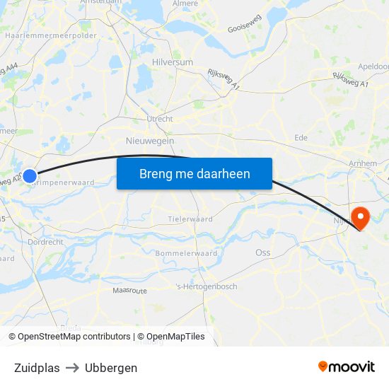 Zuidplas to Ubbergen map