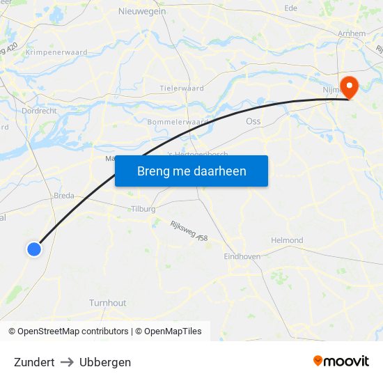 Zundert to Ubbergen map
