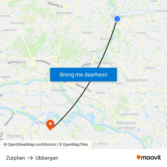 Zutphen to Ubbergen map