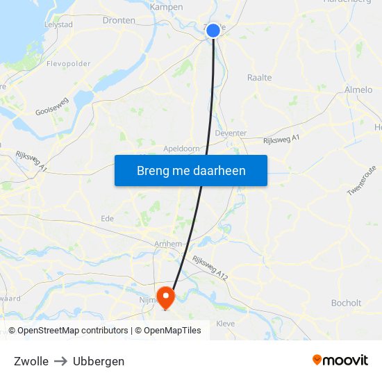 Zwolle to Ubbergen map