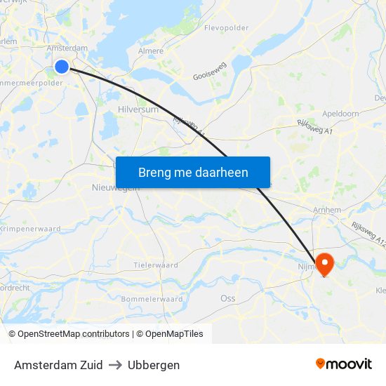 Amsterdam Zuid to Ubbergen map