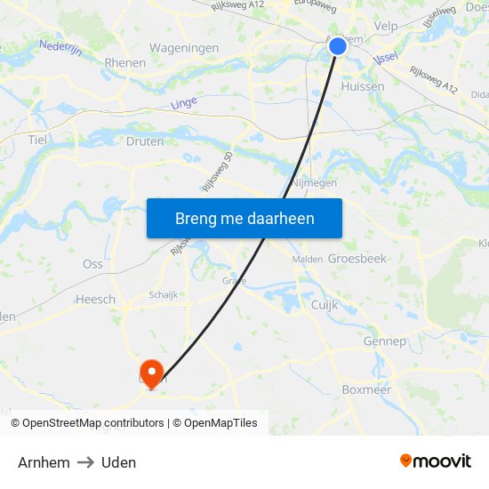 Arnhem to Uden map