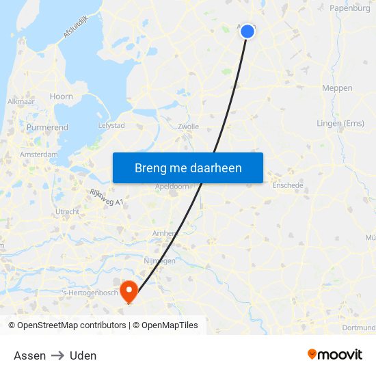 Assen to Uden map