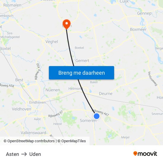 Asten to Uden map