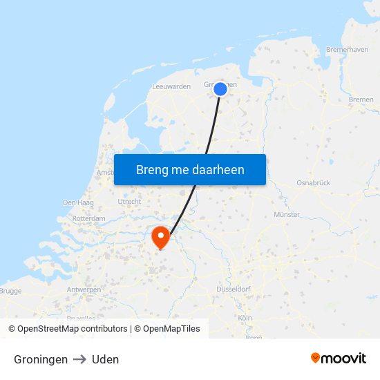 Groningen to Uden map