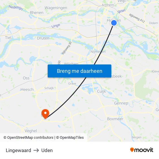 Lingewaard to Uden map