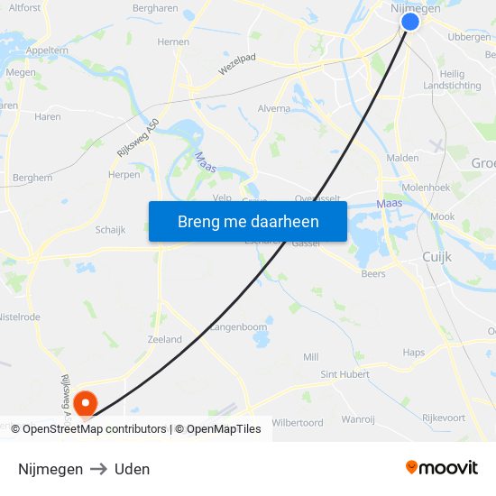 Nijmegen to Uden map