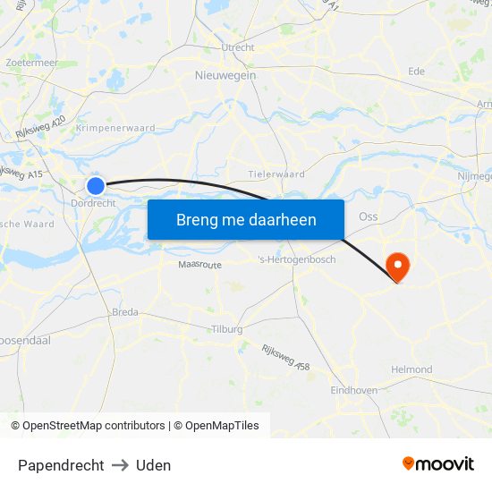 Papendrecht to Uden map