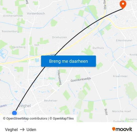 Veghel to Uden map