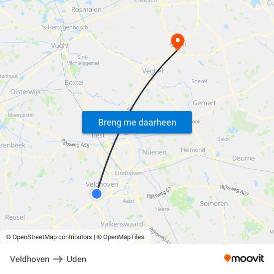 Veldhoven to Uden map