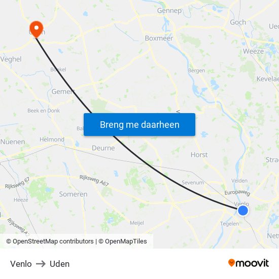 Venlo to Uden map