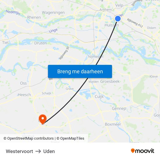 Westervoort to Uden map