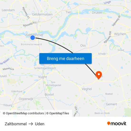 Zaltbommel to Uden map