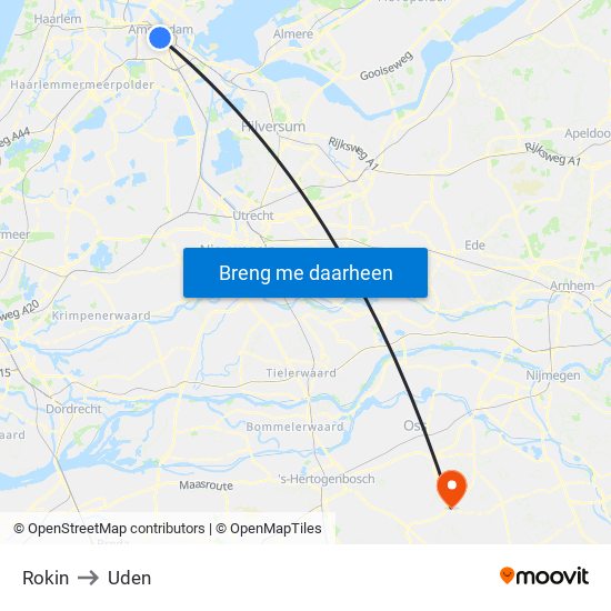 Rokin to Uden map