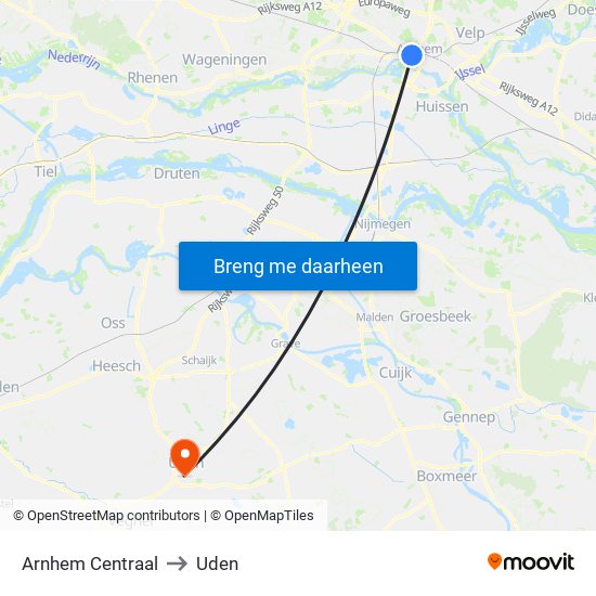 Arnhem Centraal to Uden map