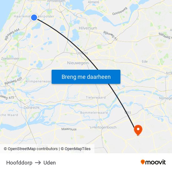 Hoofddorp to Uden map