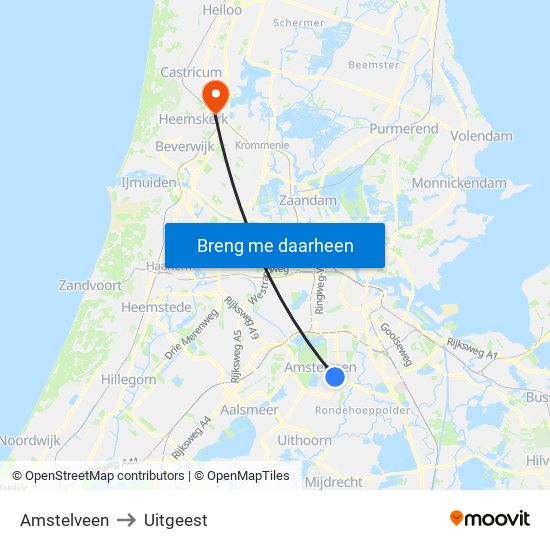 Amstelveen to Uitgeest map