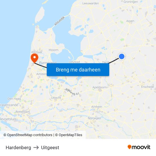 Hardenberg to Uitgeest map