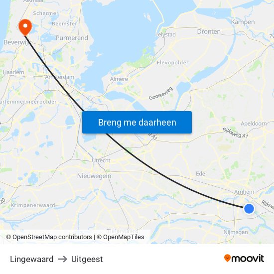 Lingewaard to Uitgeest map
