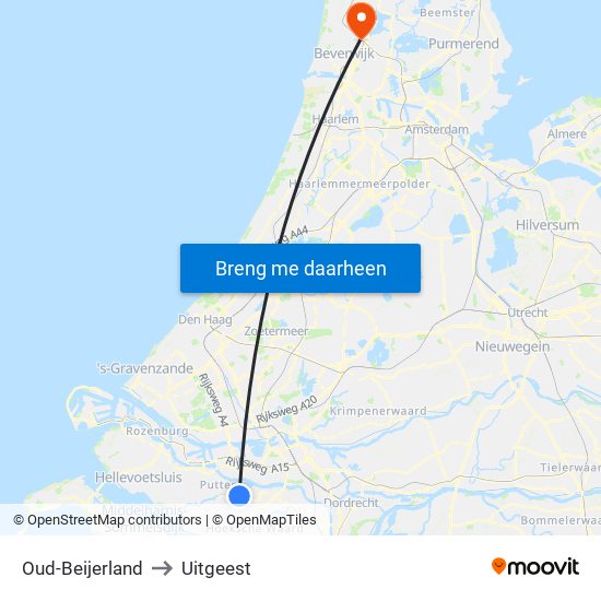 Oud-Beijerland to Uitgeest map