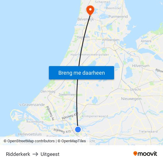 Ridderkerk to Uitgeest map