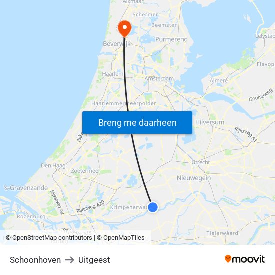 Schoonhoven to Uitgeest map