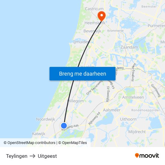 Teylingen to Uitgeest map