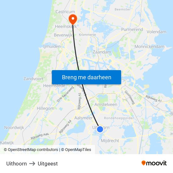 Uithoorn to Uitgeest map