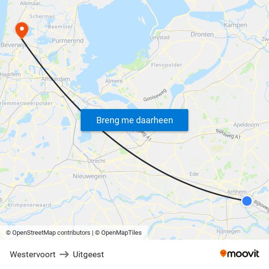 Westervoort to Uitgeest map