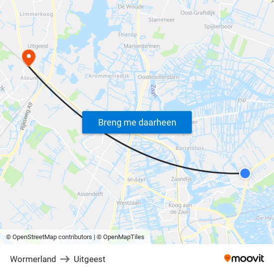 Wormerland to Uitgeest map