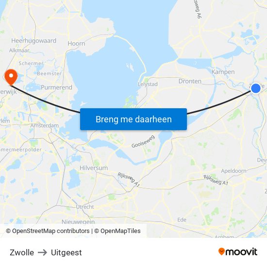 Zwolle to Uitgeest map