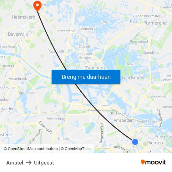 Amstel to Uitgeest map