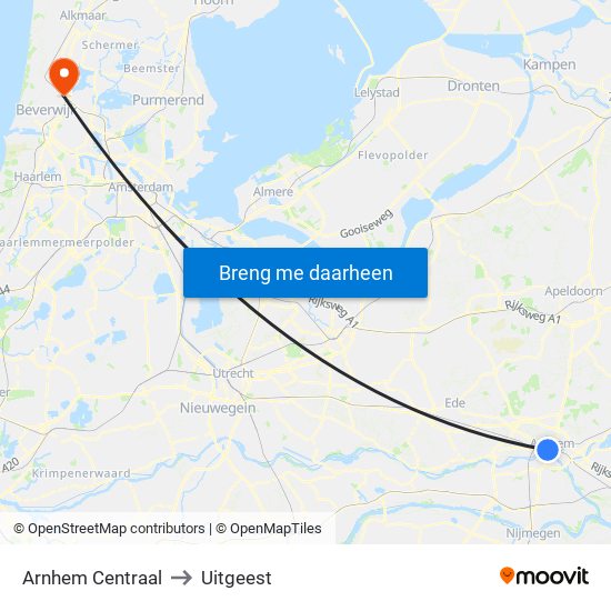 Arnhem Centraal to Uitgeest map