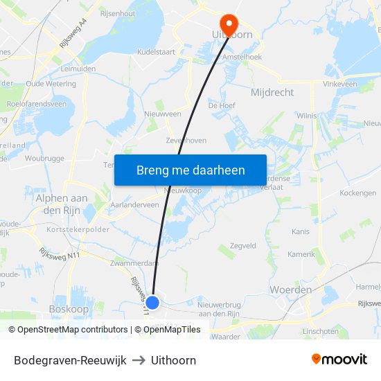 Bodegraven-Reeuwijk to Uithoorn map